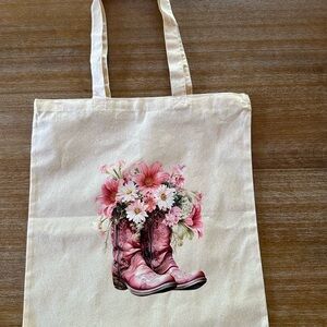 Floral Boot Print Tote Bag - Cream and Pink